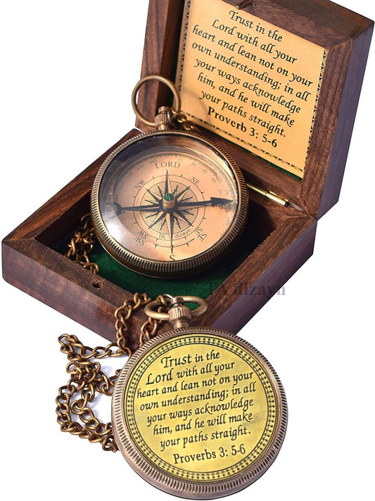 Trust in The Lord With All Your Heart - Proverbs 3:5-6 Quote Engraved Compass With Wooden Box, Greeting Card, Gift Compass, Graduation Day Gifts 2024 for Women Men Boys Girls