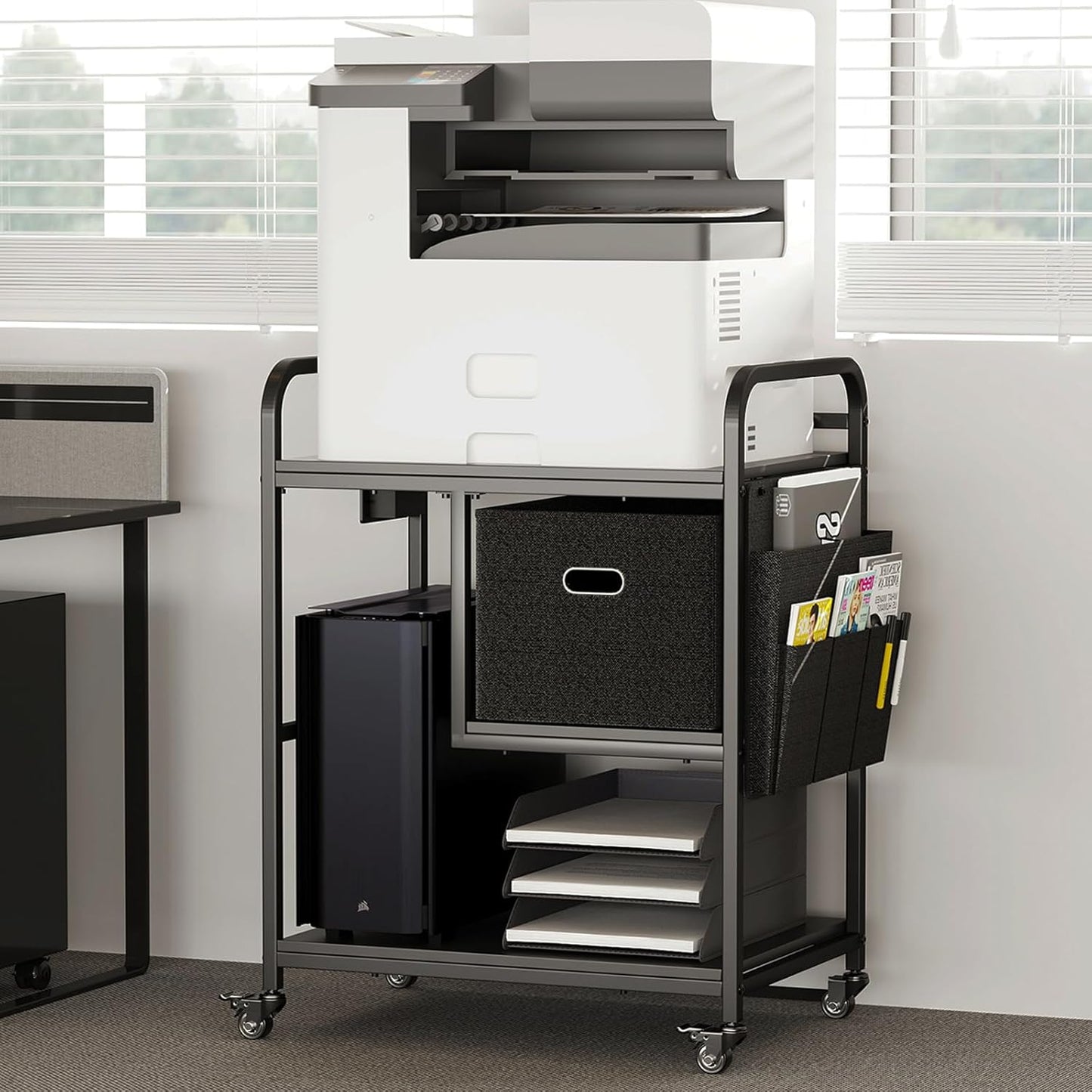 Large Printer Stand with Removable Storage Drawer, Mobile Printer Table with Charging Station for Home Office, Rolling Industrial Printer Cart with Wheels for Scanner Fax PC Tower (Black)