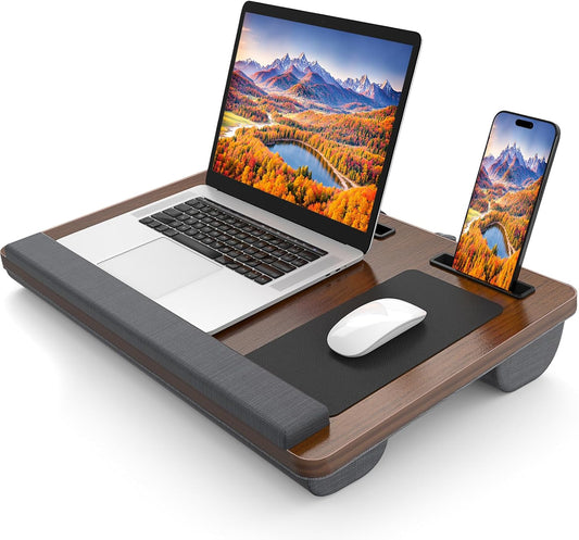 Laptop Lap Desk, Portable Large Laptop Desk for Bed, Up to 17 in Lap Table with Wrist Rest, Mouse Pad, Tablet Phone Slot, Portable Handle, Lap Tray with Cushion (Dark Brown)