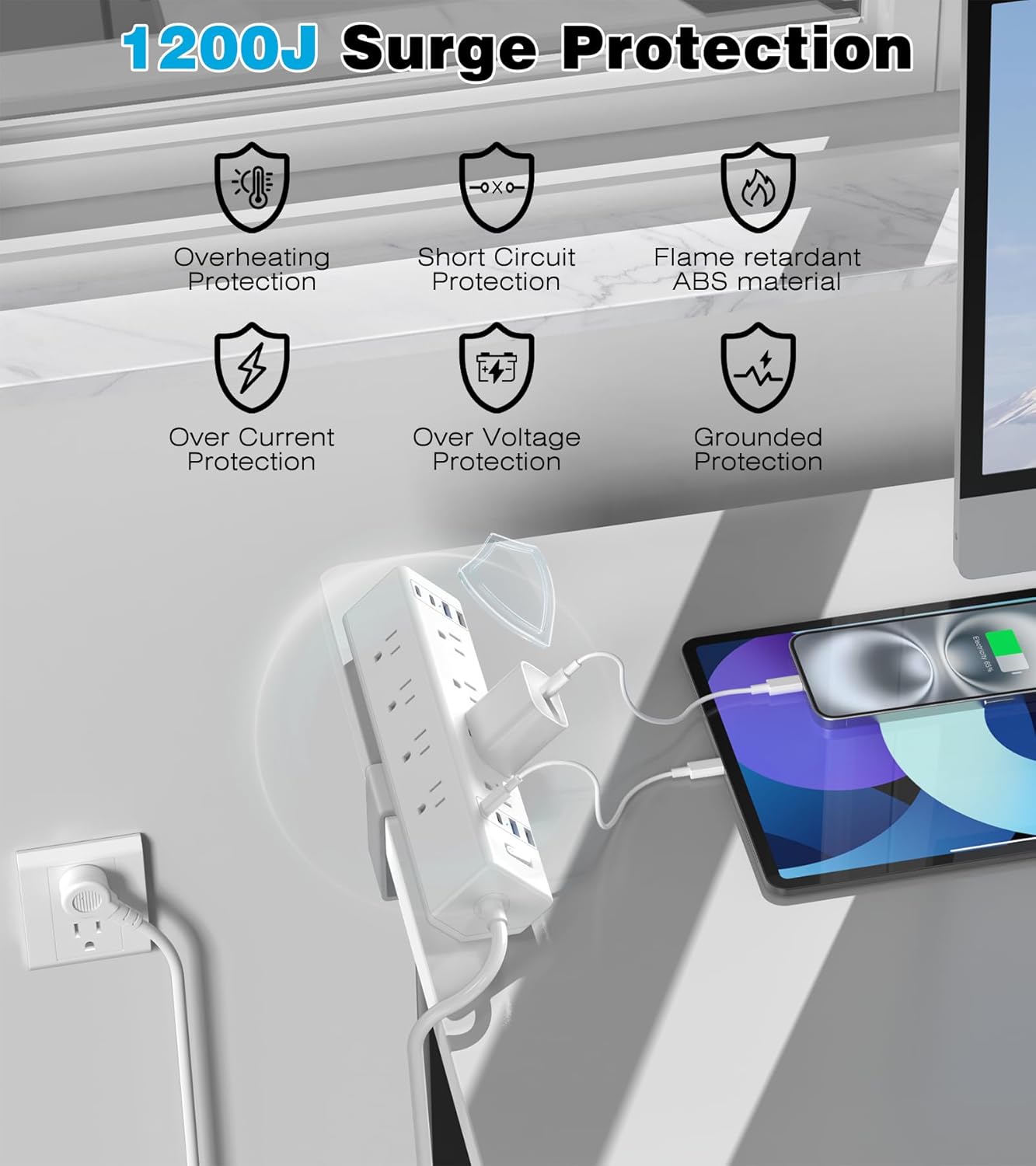 40W Fast Charging Station,Desk Clamp Power Strip,4 USB-C Ports & 8 AC Outlets,Desktop Edge Mount Surge Protector Power Strip,14AWG Heavy Duty Cord,Fit 1.9" Tabletop Edge for Home Office(10Ft Cable)