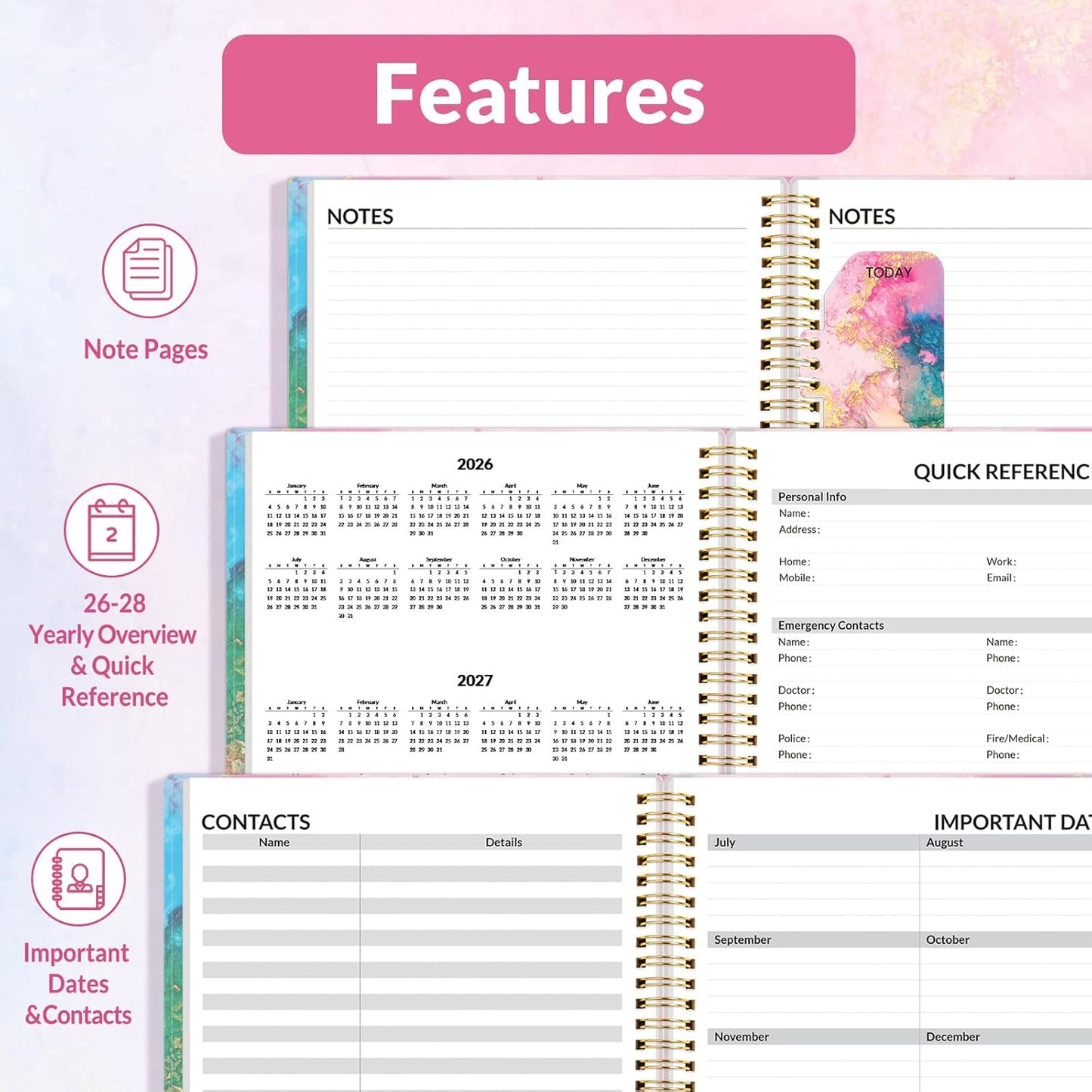 SUNEE 2026 Weekly and Monthly Planner - from January 2026 - December 2026, 8.5"x11" Daily Agenda Planner with Monthly Tab, Flexible Cover, Note Pages, Pockets, Bookmark, Spiral Binding, Pink Marble