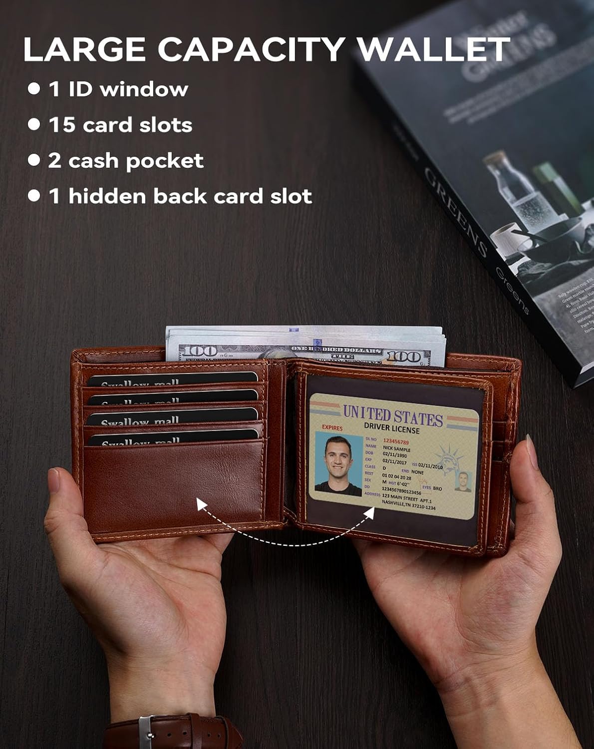 Swallowmall Mens Wallet Rfid Blocking Genuine Leather Bifold Wallets with 1 ID Window 15 Card Slots