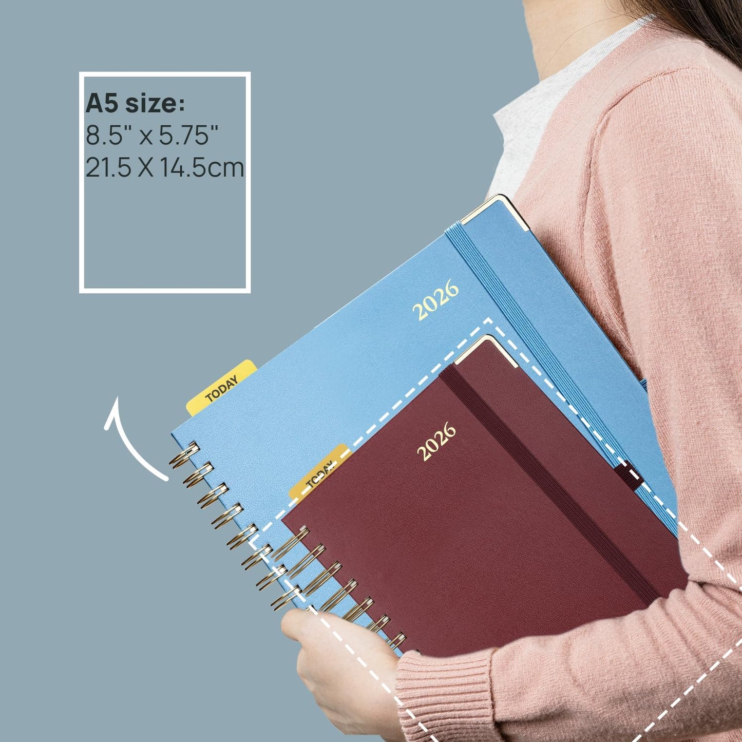 POPRUN 2026 Daily Planner One Page A Day - [8.5" x 5.75" Wire-Bound Hard Cover] Agenda 2026 Hourly Appointment Book with Monthly Calendar, Inner Pocket, Ivory Paper - Haze Blue