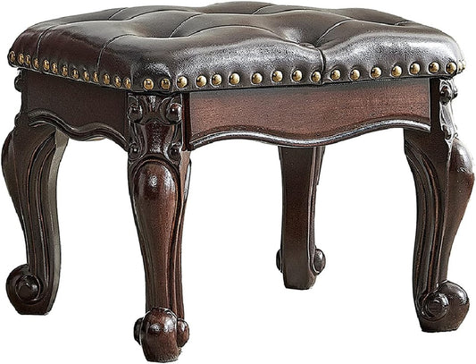 LEILISI Small Footstool Brown Leather Ottoman,Vintage Carved Upholstered Footrest, Rubber Wooden Foot Rest Stool Sofa Stool (Black-Brown)