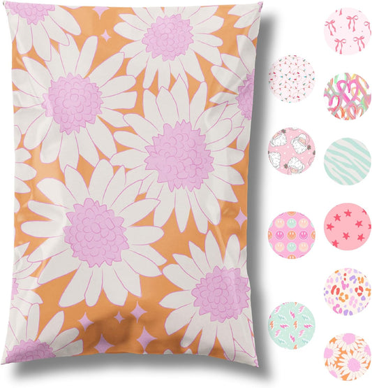 6x9 Designer Poly Mailer 100 Pack Heavy Duty Waterproof Self Seal Shipping Bags for Small Business Large Mailing Envelopes Bulk Tear Resistant Cute Packaging Pink Blooms Flowers