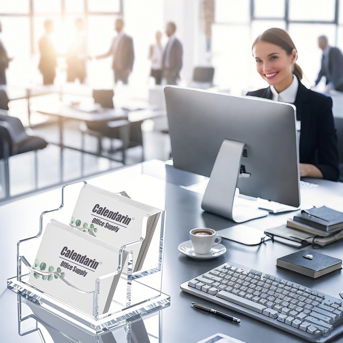 Acrylic Business Card Holder for Desk, Clear Business Name Card Display Card Organizer, Morden Desk Accessory Supply for Office, Horizontal, 2-Slot