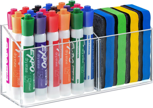 Simetufy Large Magnetic Dry Erase Marker Holder, Magnetic Pen Holder, Whiteboard Marker Holder with Movable Divider for Glass, Fridge & Locker, Non-slip Acrylic Magnetic Marker Holder