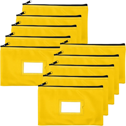 Money Bank Deposit Bag with Zipper | 11x6 inch | Yellow | Durable Leatherette Money Cash Coin Check Wallet Pouch for Men & Women with Framed ID Window and Blank Card (10)