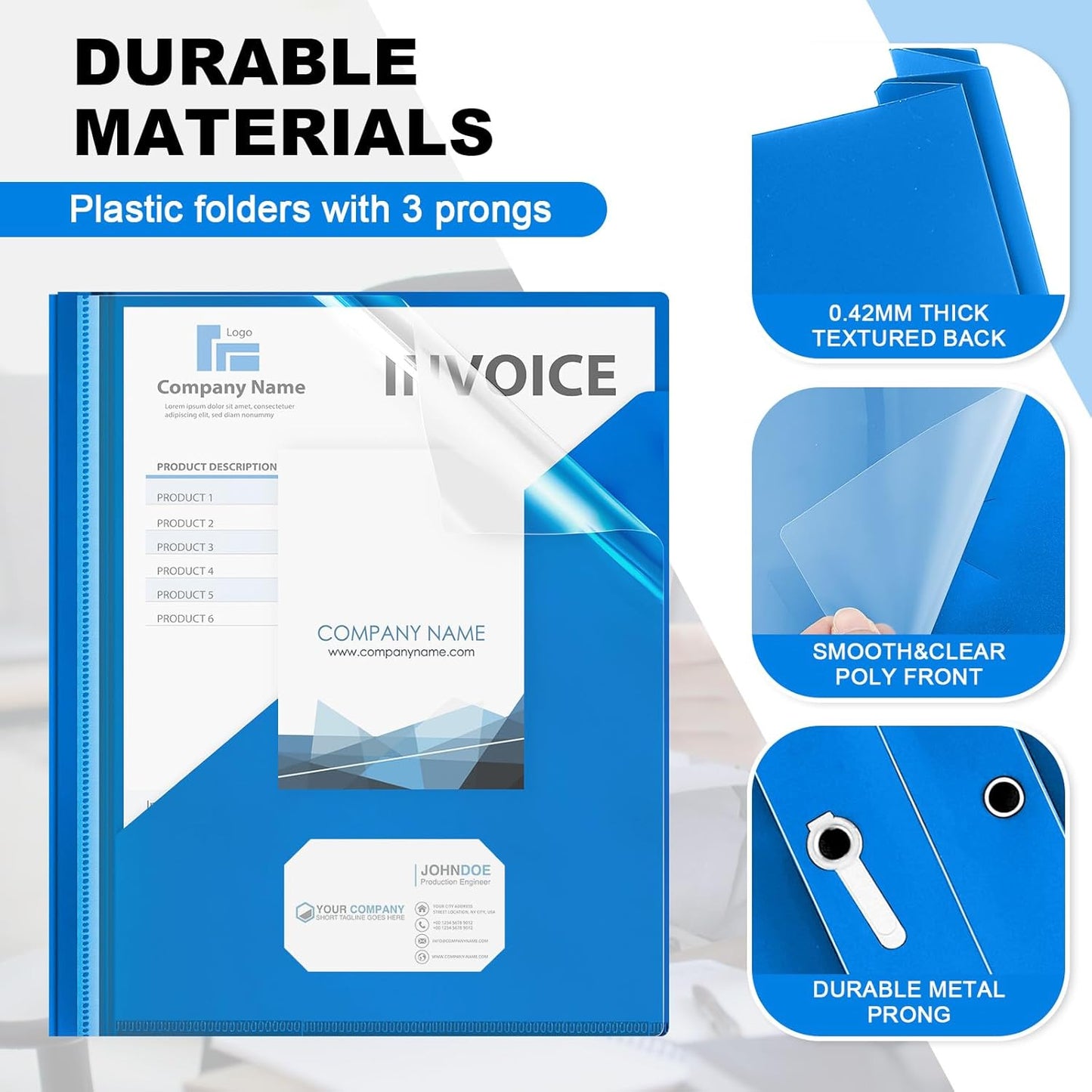 Teling 48 Pcs Clear Front Report Covers with 3 Prongs Fasteners, 11.42 x 9.45 Inch Plastic Book File Covers 90 Sheet Capacity, Presentation Folder with Blue Back Cover for Office Business