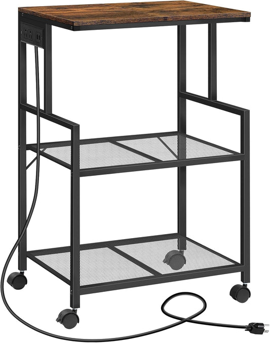 Mobile Printer Stand, 3-Tier Industrial Printer Cart with Power Outlets and 2 USB Ports, Rolling Printer Table on Wheels for Home Offices Kitchen Organization Rack, Rustic Brown PTHR78E01