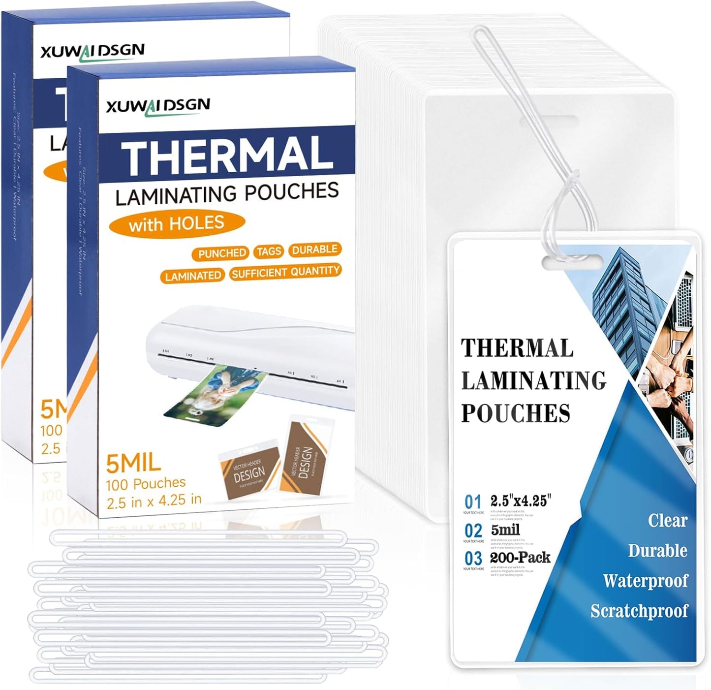 XUWAIDSGN 200 Pieces 5 Mil 2 1/2" x 4 1/4" Laminating Luggage Tags with Loops Thermal Lanyard Laminating Pouches Resealable for Work Permits Pass Cards Student ID Cards (200, 5 Mil)