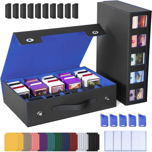 Trading Card Storage Box with Commander Display, 5 Row Magic Card Box with Handle & Aluminum Alloy Locking for 3900+ Unsleeved Cards Suits for MTG PTCG TCG Sports Cards (Black Blue)