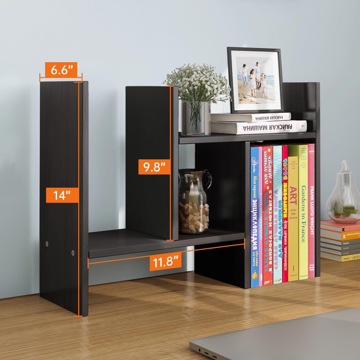 YSJILIDE Wood Adjustable Small Desktop Bookshelf, Expandable Storage Rack, Display Shelf, Office Supplies Organizer (Black)
