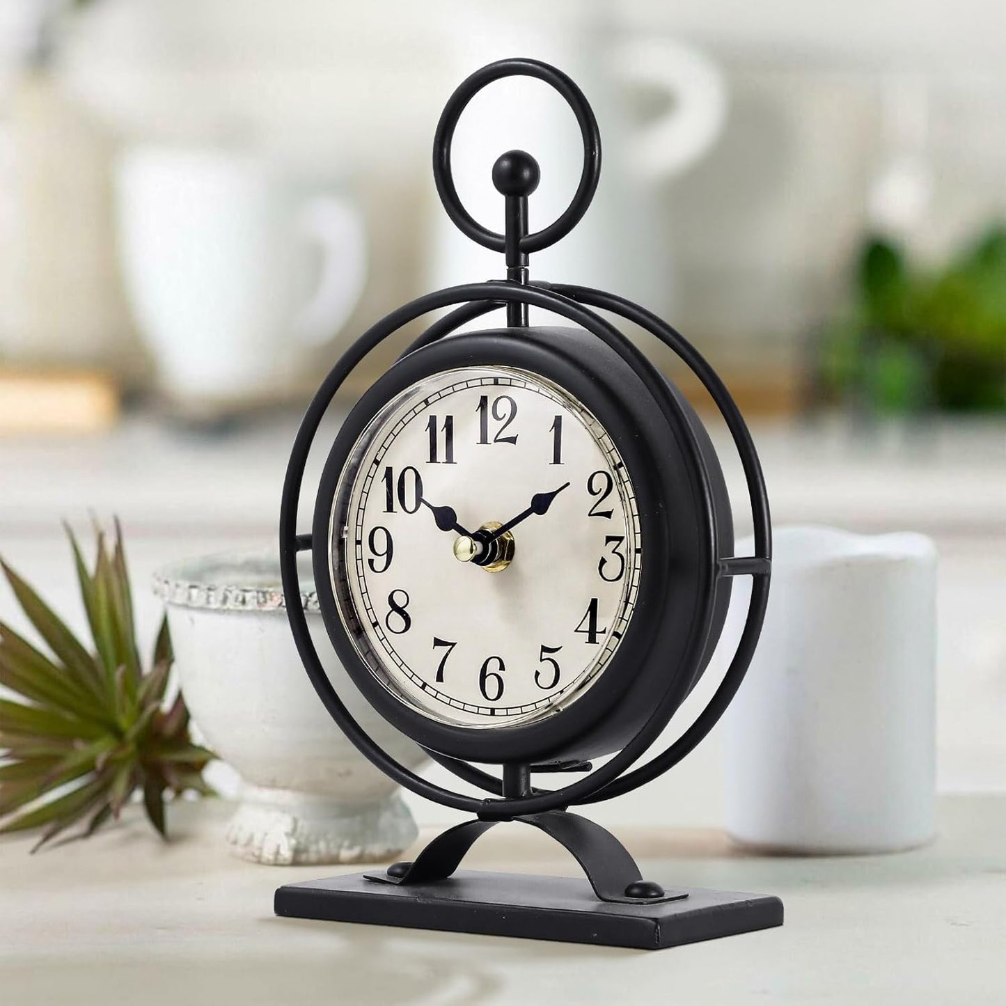 Small Vintage Metal Desk Clock, Decorative Table Clock for Living Room, Silent Mantel Clocks Farmhouse Shelf Decor Battery Operated, 9.5" Black