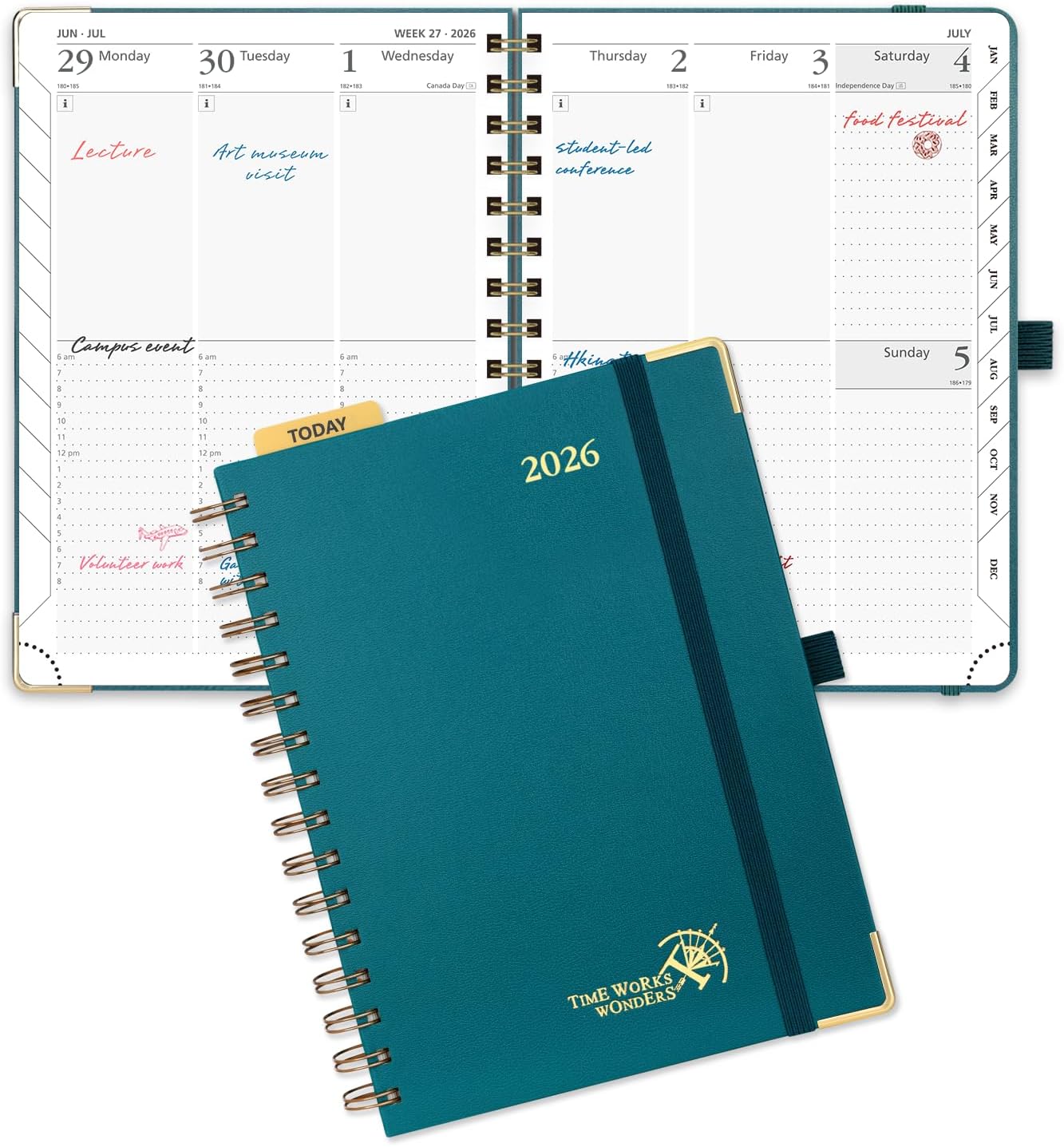 POPRUN 2026 Planner (Medium Size 8.5'' x 6.25'' Wire-Bound Hard Cover) Daily Weekly and Monthly Calendar - Agenda 2026 (Jan.2026-Dec.2026) with Hourly Schedule, Monthly Tabs - Pacific Green