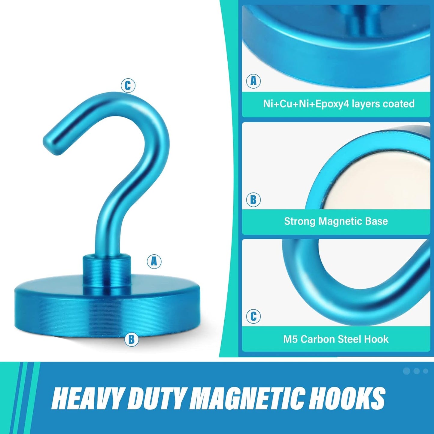 Neosmuk Magnetic Hooks Heavy Duty, Strong Magnet with Hook for Fridge, Super Neodymium Extra Strength Industrial Hooks for Hanging, Magnetic Hanger for Toolbox, Cruise, Grill(RoyalBlue,4 Pack)