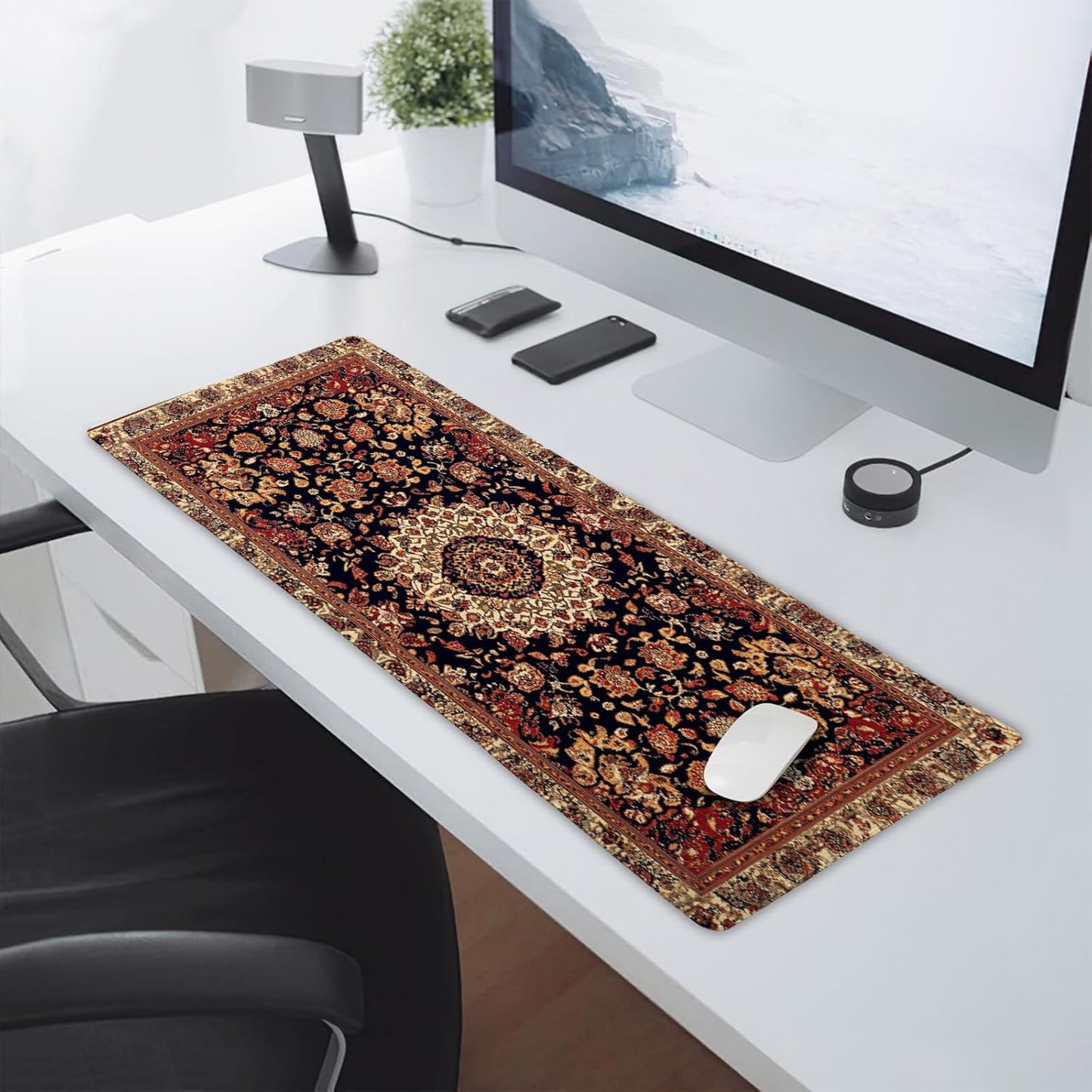 Vintage Rug Gaming Mouse Pad XL Dark Brown Retro Carpet Aesthetic Extended Large Mat Mousepad Desk Pad Non-Slip Rubber Base Stitched Edge Flower Keyboard Pad Playmat for Computer,31.5×11.8 Inch