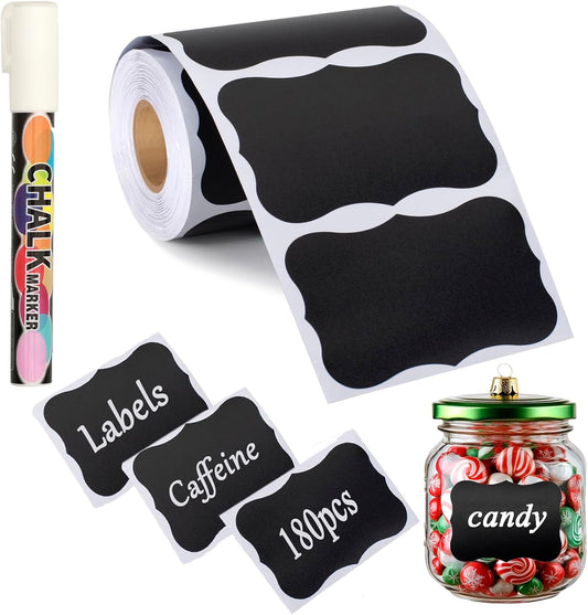 180 pcs Chalkboard Labels Waterproof Blackboard Reusable Sticker with White Chalk Marker, Wavy Chalkboard Labels for Containers, Mason Jars, Food Storage