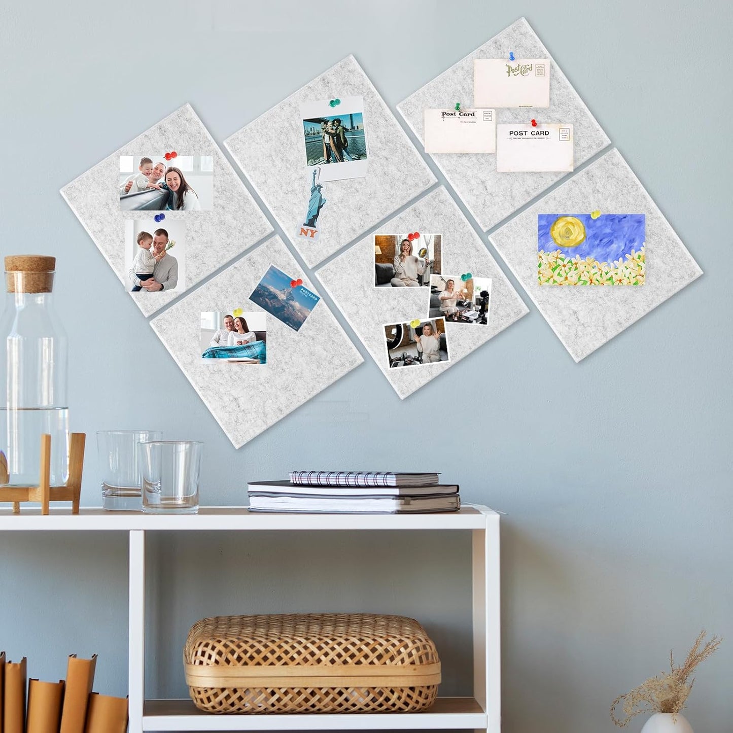 Large Cork Board 36" x 24", 6 Pack Felt Wall Tiles with Colored Pushpins, Bulletin Board with Removable Self-Adhesive Strips, Pin Board Cork Boards for Walls Office Home-Light Gray