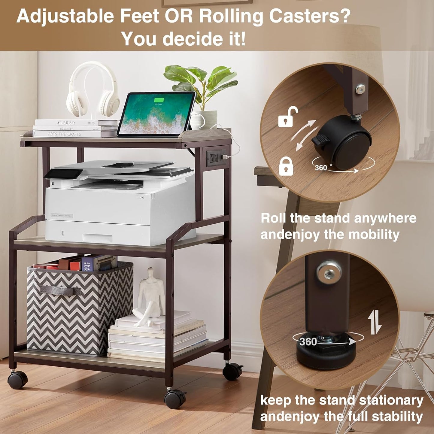 Lauren&Harold 34'' Printer Stand with Power Outlets & USB Ports, 3-Tier Adjustable Rolling Cart, Heavy Duty 150LBS Storage Table with Wheels for Office, Kitchen, Living Room, Grey/Bronze