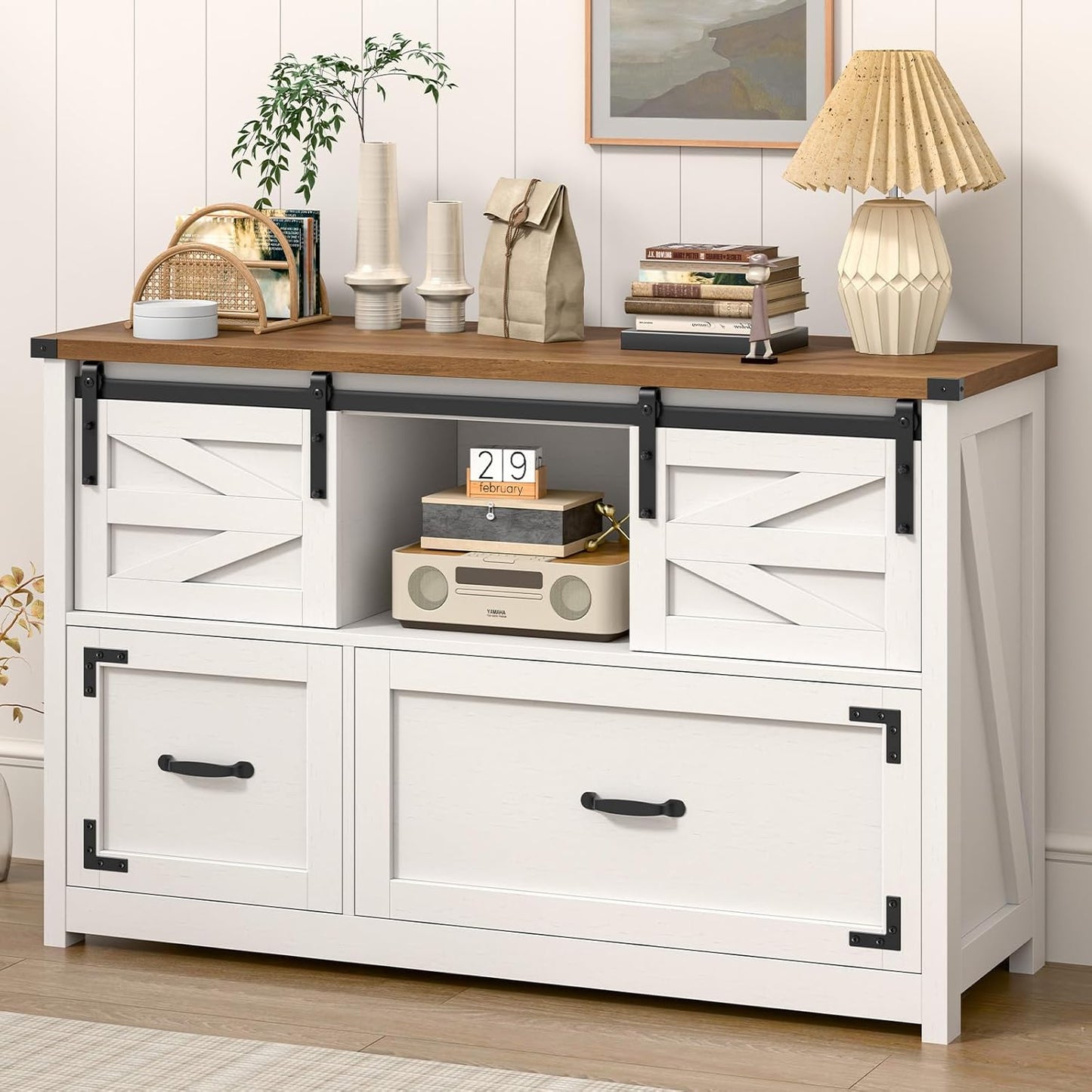 Lateral File Cabinets 2 Drawer with Sliding Barn Doors, Farmhouse Filing Cabinet with 2 Drawer for Home Office，Filing Organization Storage Cabinets for Hanging Files Letter/Legal/F4/A4.(Brown.)