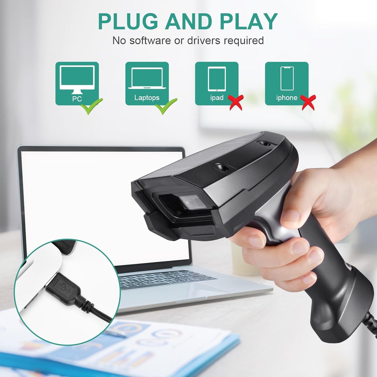 2D Barcode Scanner, Handheld QR Code Scanner USB Wired 1D 2D&PDF417 Data Matrix 640 x 480 Image CMOS Automatic Barcode Reader Plug and Play Bar Code Reader Scanners