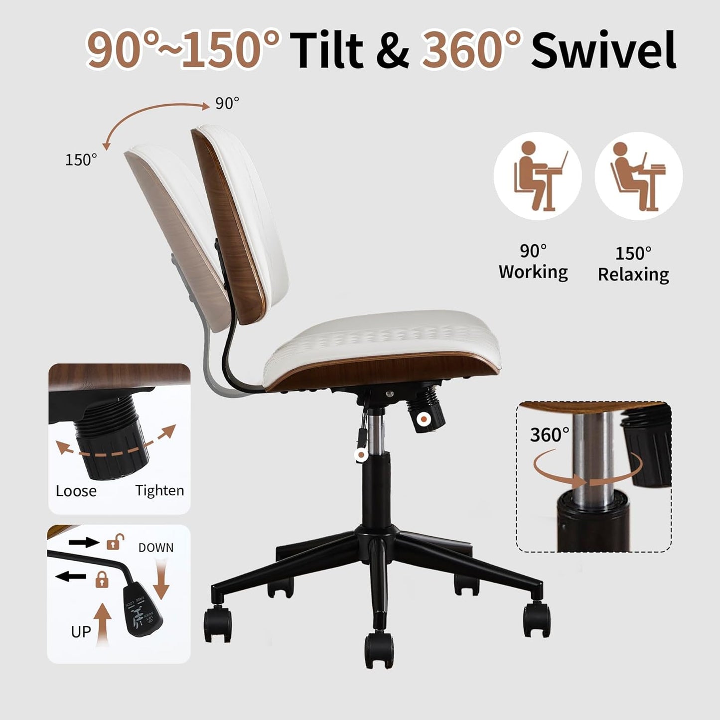 Stylish White Home Office Chair – Armless PU Leather Mid-Back Chair with Adjustable Height, Swivel Wheels, Walnut Finish for Study, Bedroom, or Dorm Room