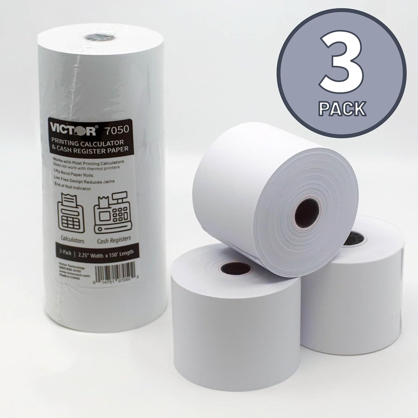 Victor 7050 Compact White Paper Rolls for Handheld and Portable Printing Calculators/Adding Machines/Ink Print Cash Registers 2.25” W x 150' FT (3-Pack)