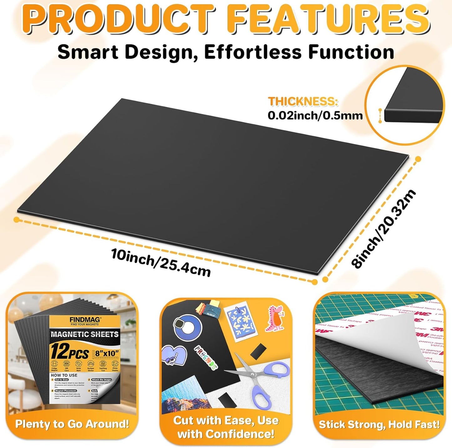 FINDMAG Magnetic Sheets (8” x 10”), Pack of 12, Flexible Magnet for Hanging Pictures, Photos, Paper Magnet for Dies, Adhesive Magnetic Sheets for Fridge, Locker, Cabinet Doors.