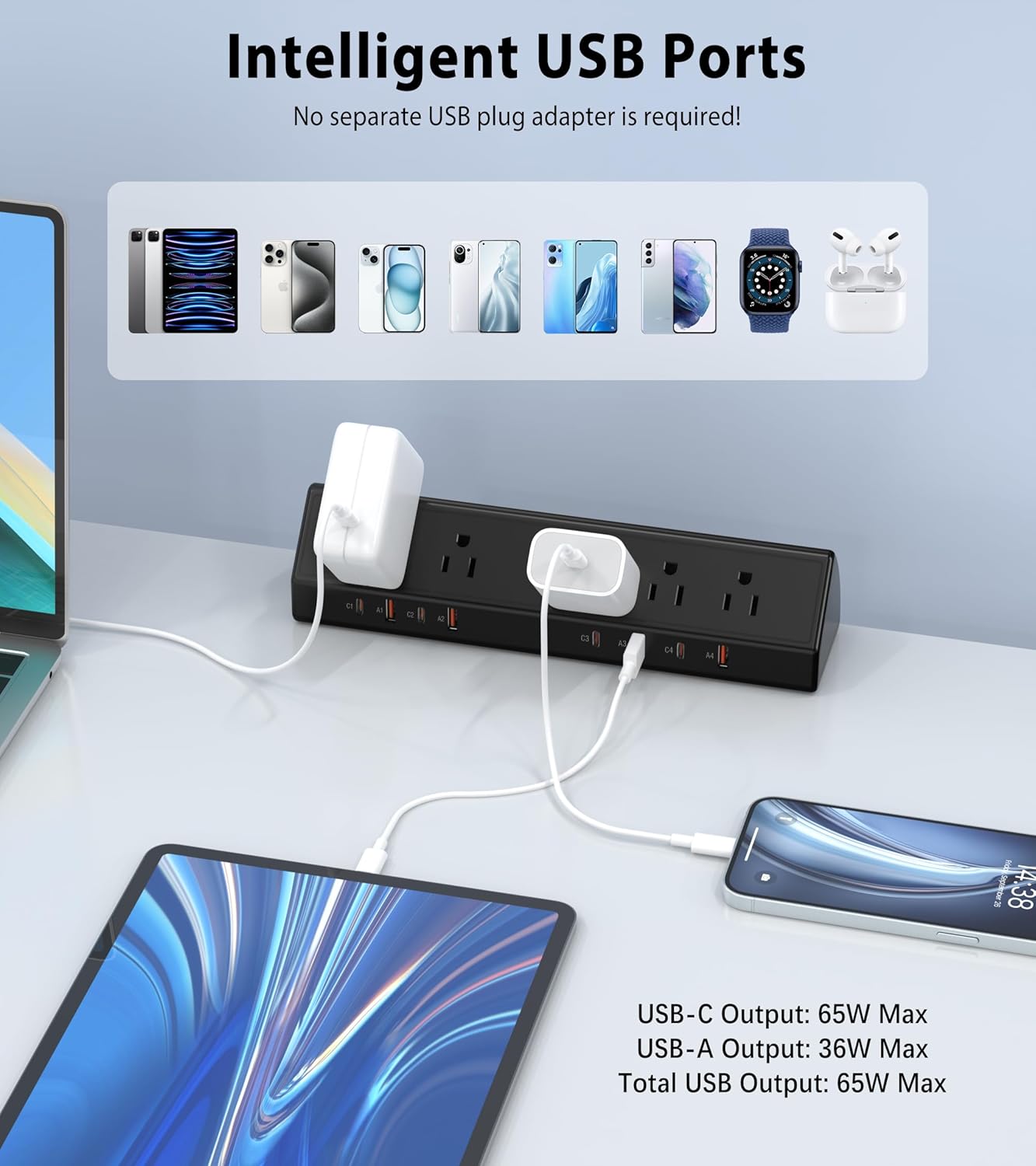 Desk Clamp Power Strip 65W Fast Charging Station,4 PD USB-C,5 Outlets,Nightstand Desk Edge Mount Tower Surge Protector,15 Amp Heavy Duty Power Strip,Fits 1.96" Tabletop Edge (Black, 10 FT Cable)