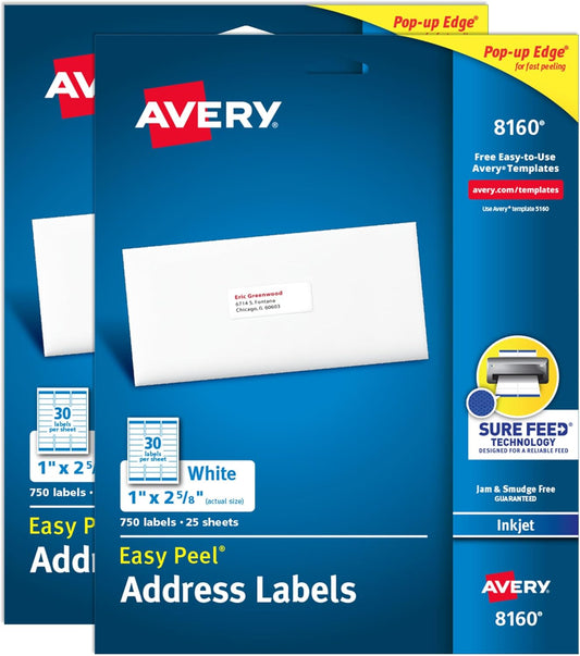Avery Easy Peel Printable Address Labels with Sure Feed, 1" x 2-5/8" Customizable Stickers, White, 1,500 Blank Mailing Labels, Great for Mailing, Shipping, and More (2-Pack of 08160)