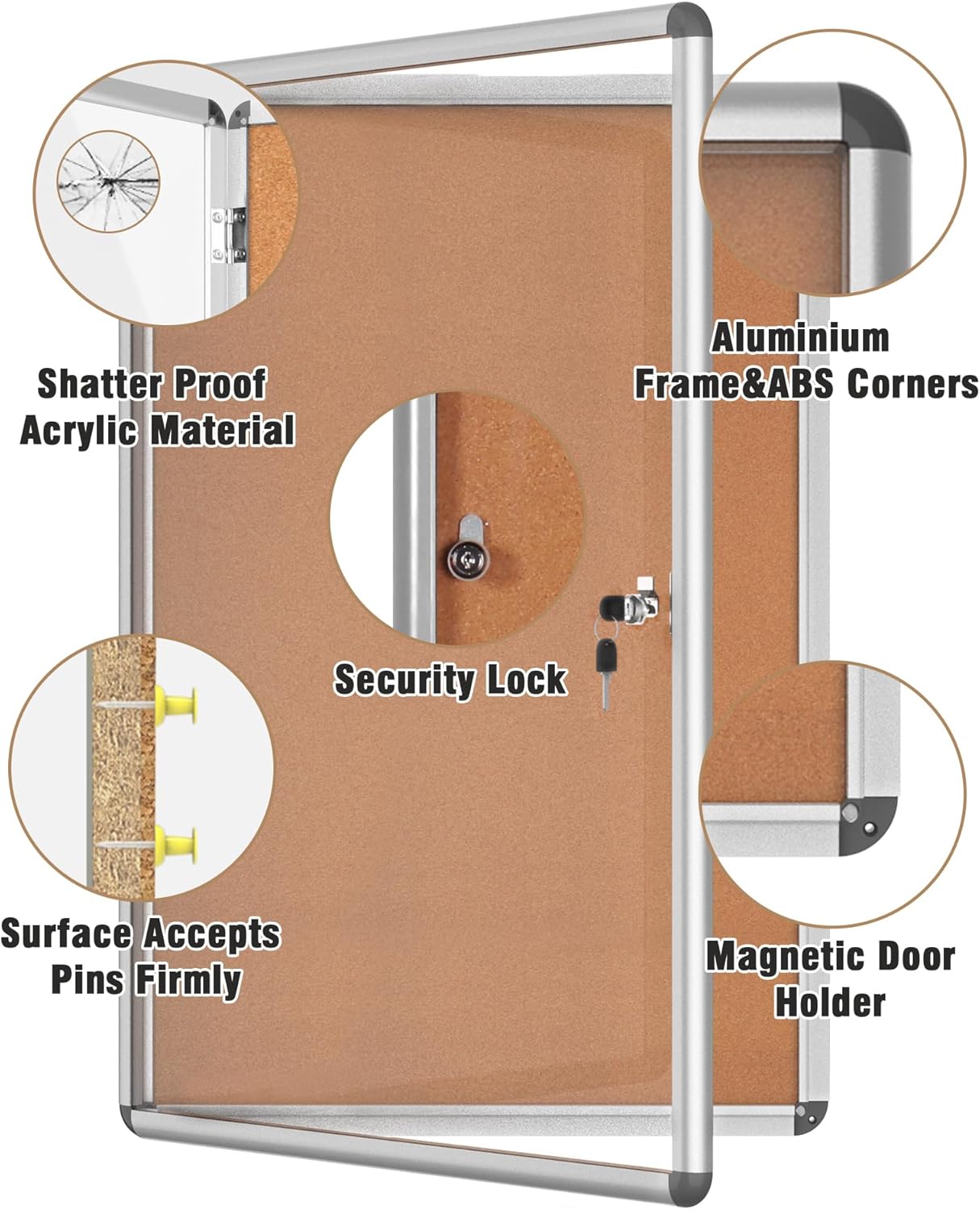 36"x24" Enclosed Bulletin Board, Lockable Weather-Resistant Aluminum Cork Noticeboard for School & Office, Silver Frame w/Cork