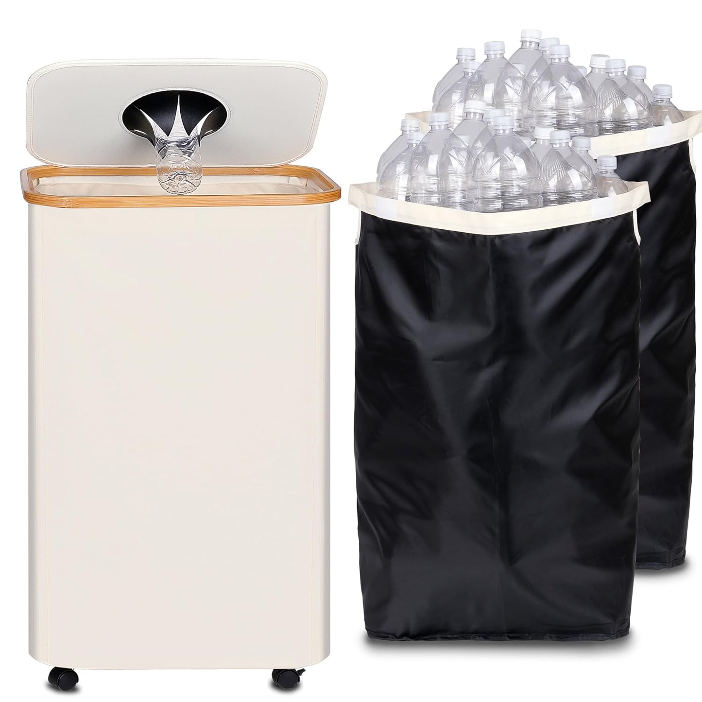efluky Recycle Bins for Kitchen 100L (26 Gallon), Recycling Bin with Wheels and 2 Removeable and Reusable Inner Bags, Kitchen Recycling bin with lid for Bottle Can Plastice Stickers, Beige