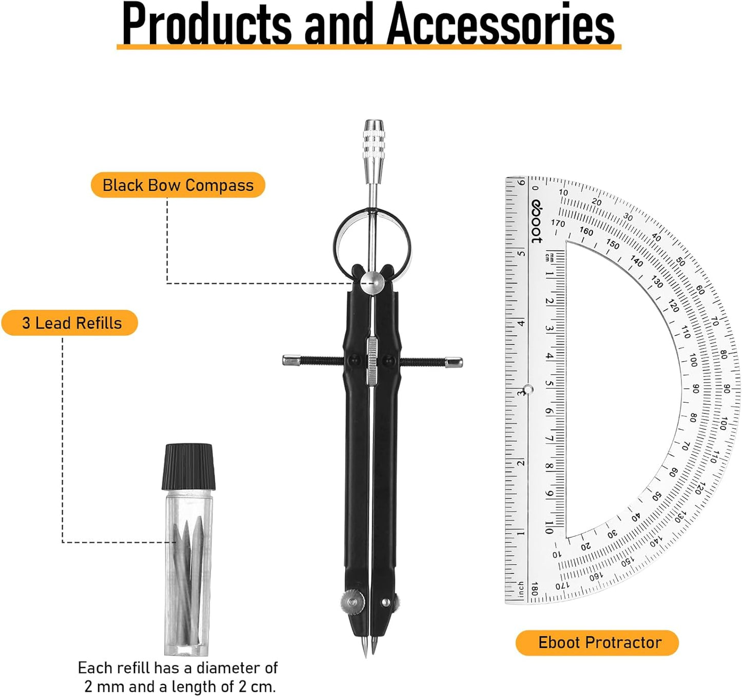 EBOOT Student Geometry Math Set, Drawing Compass and 6 Inch Clear Swing Arm Protractors 180 Degree Math Protractor (Black)