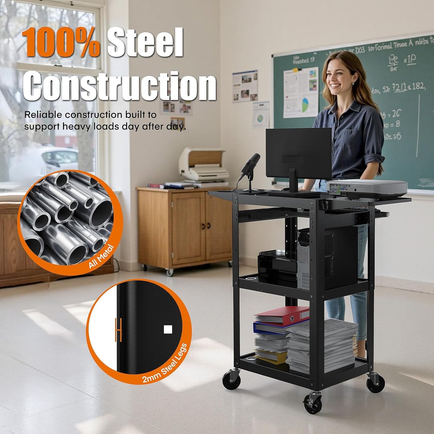 All-Steel Rolling AV Cart with Adjustable Height & Built-in Power – Heavy-Duty Media Workstation with Drop-Leaf Shelves & Wheels for Projectors, Laptops, Printers – Classroom, Office & Studio, Black