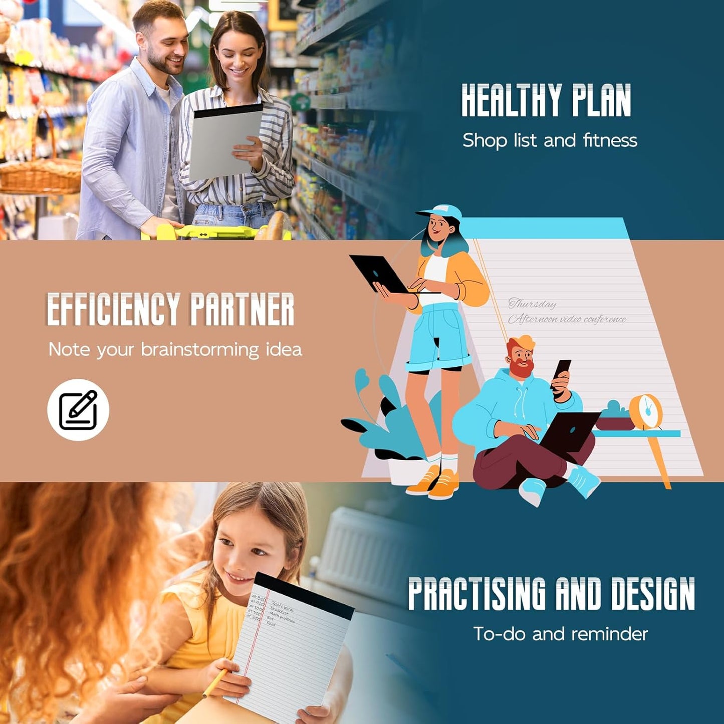 White Legal Note Pads 8.5''x 11'', 6 Pack Legal Paper Note Pads, Micro Perforated Wide Ruled Lined Writing Pads 30 Sheets/60 Pages for Home Office School Work Legal Notepads Double-Side Printed Per