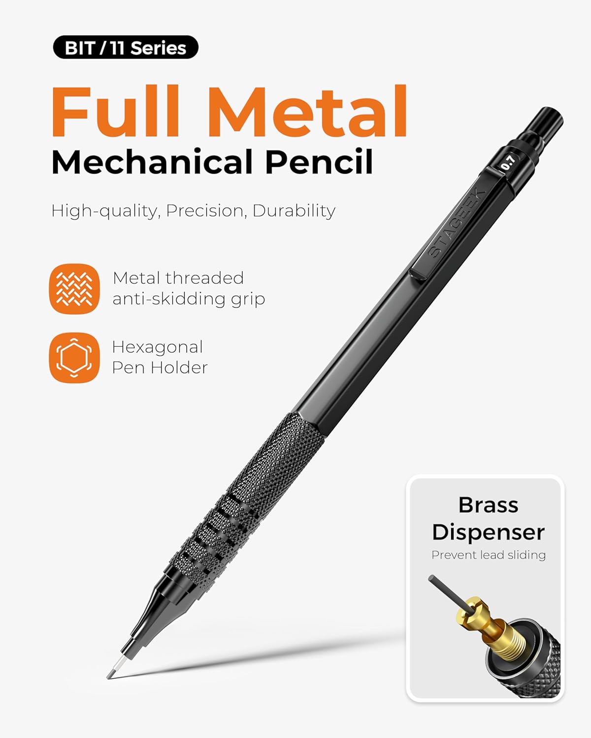 Metal Mechanical Pencil Set in Leather Case, 5PCS Art Drafting Pencil 0.3, 0.5, 0.7, 0.9 & 2mm Lead Holder, 9 Tube (4B 2B HB 2H Colors) Lead Refills for Drawing, Sketching, Writing (Black)