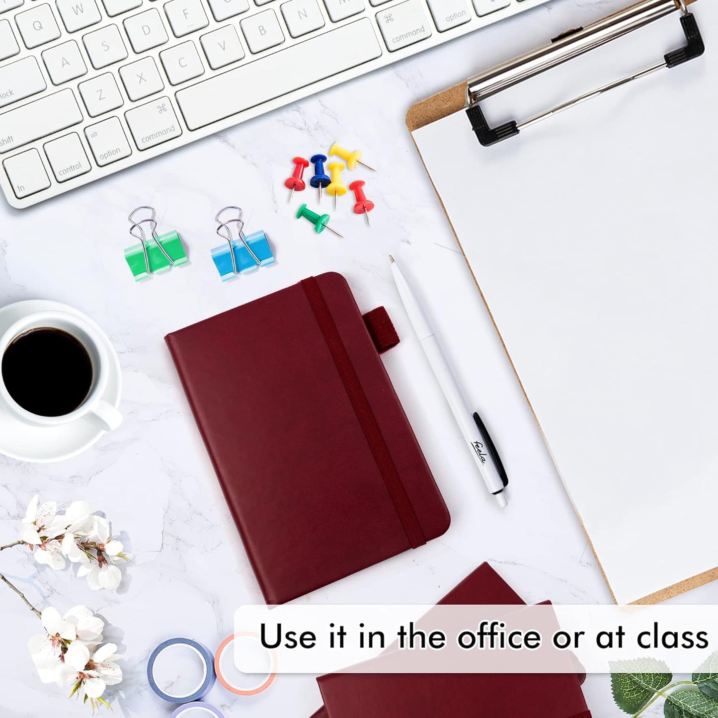 feela 6 Pack Pocket Mini Notebooks Bulk, Small Cute Memo Notepads Hardcover College Ruled Lined Journals with Pen Holder for School Business Work, with 6 Black Pens, 3.5”x 5.5”, A6, Wine