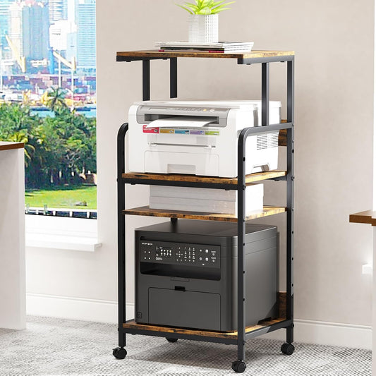 4 Tier Printer Stand with Storage Shelf, Large Tall Printer Cart with Wheels, Mobile Printer Table for Home Office, Adjustable Stands for Heat Press Scanner Fax (Brown)