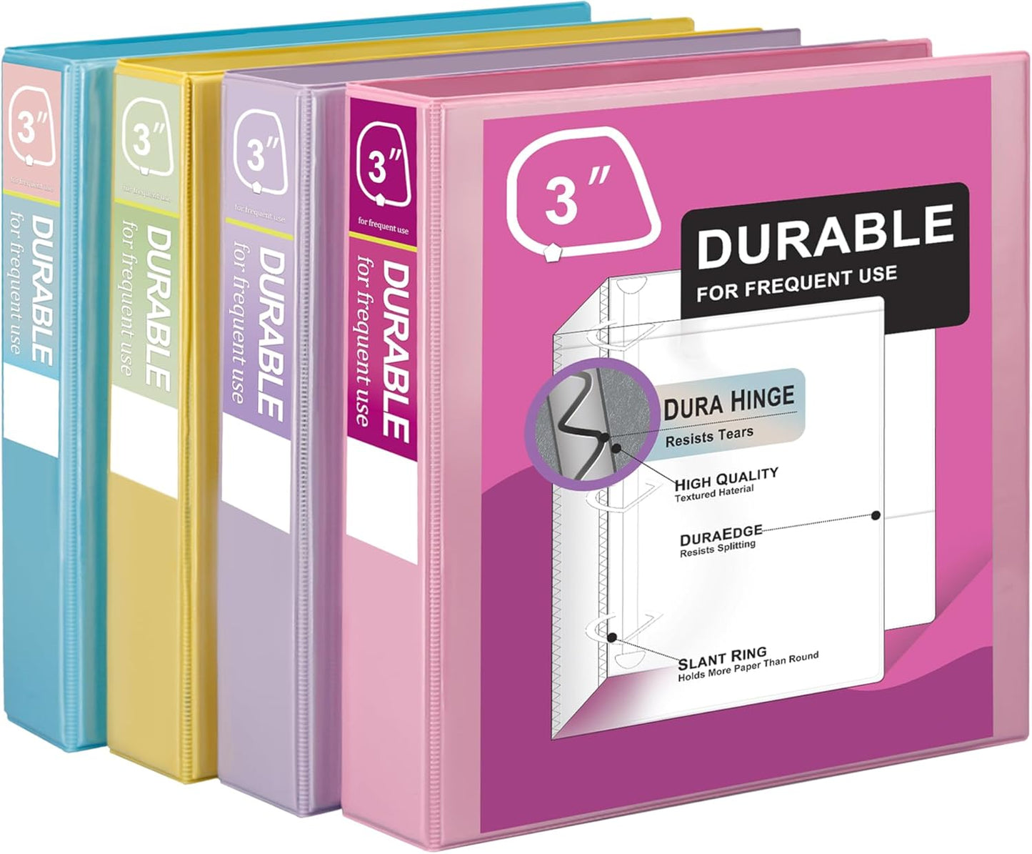 Zzrywuty Durable 3 Ring Binder, 3 Inch, Economy 4 Pack, Each Holds 675 Pages, D-Ring Presentation View Binders for Office, School, Home (Pastel Assortment)