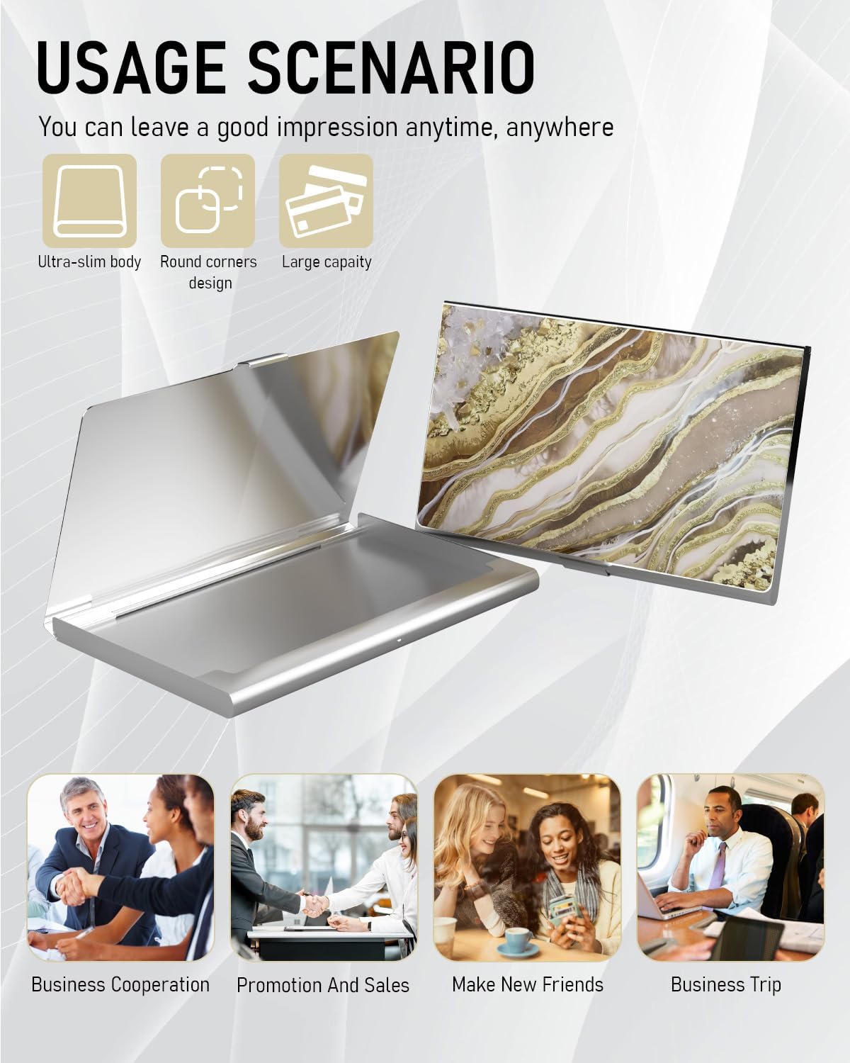 Business Card Metal Slim Organizer, Professional Stainless Steel Square Pocket Wallet for Office Workers, Compact and Portable for Pockets (Gold Marble)