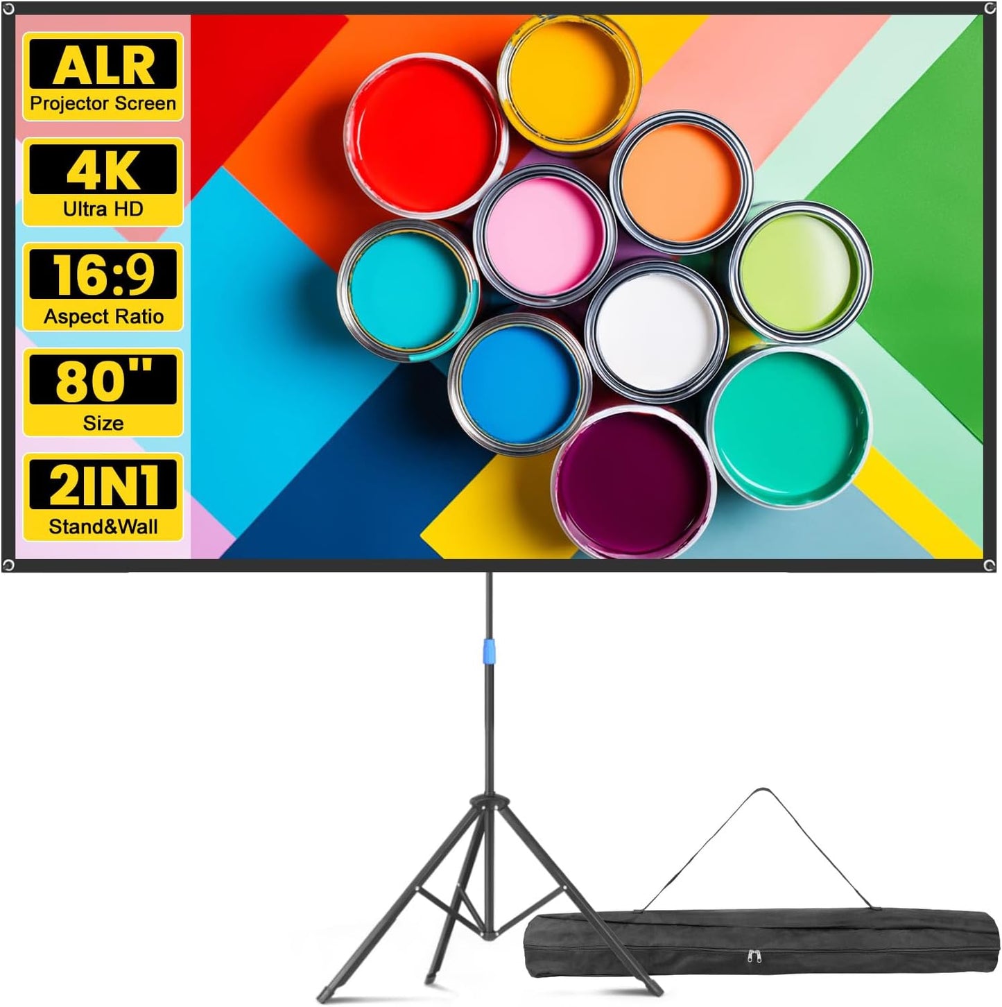Projector Screen with Stand, 80 Inch Portable Projector Screen Outdoor Indoor, 1.2 Gain Fiberglass Projection Screen, 16:9 Outdoor Movie PVC Screen with Carrying Bag for Movie Night (Grey Screen)
