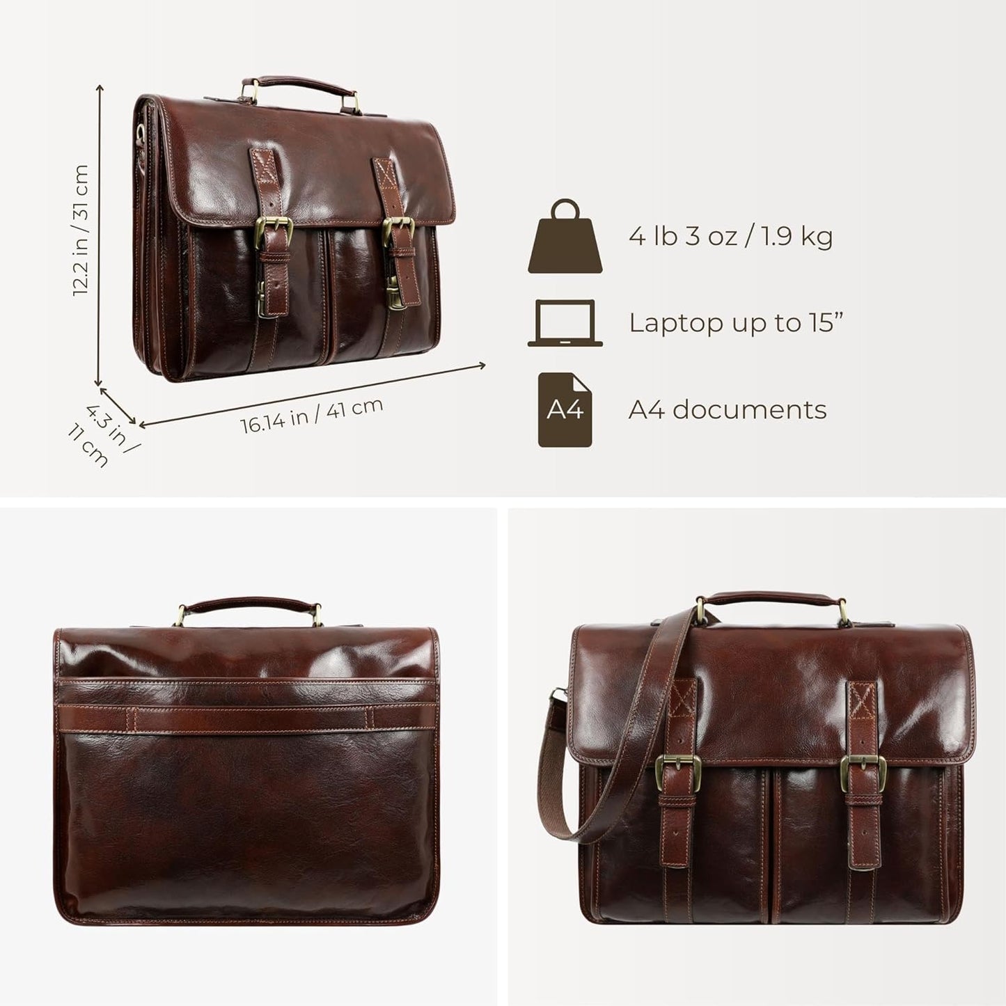 Time Resistance Leather Briefcase for Men Handcrafted in Italy Full Grain Messenger Bag for Laptop