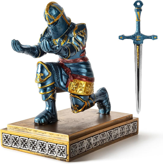 MACLARONX Kneeling Knight Pen Holder with Sword Medieval Warrior Fancy Pencil Stand for Office Desk Home Decor for Men Father Husband Armor Soldier Statue