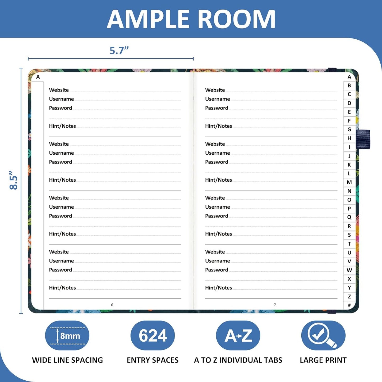 Password Book with Individual Alphabetical Tabs Laminated, Large Print Password Keeper Book for Seniors, A5 Hardcover Internet Password Log Book to Record Website Login Details - Bloom