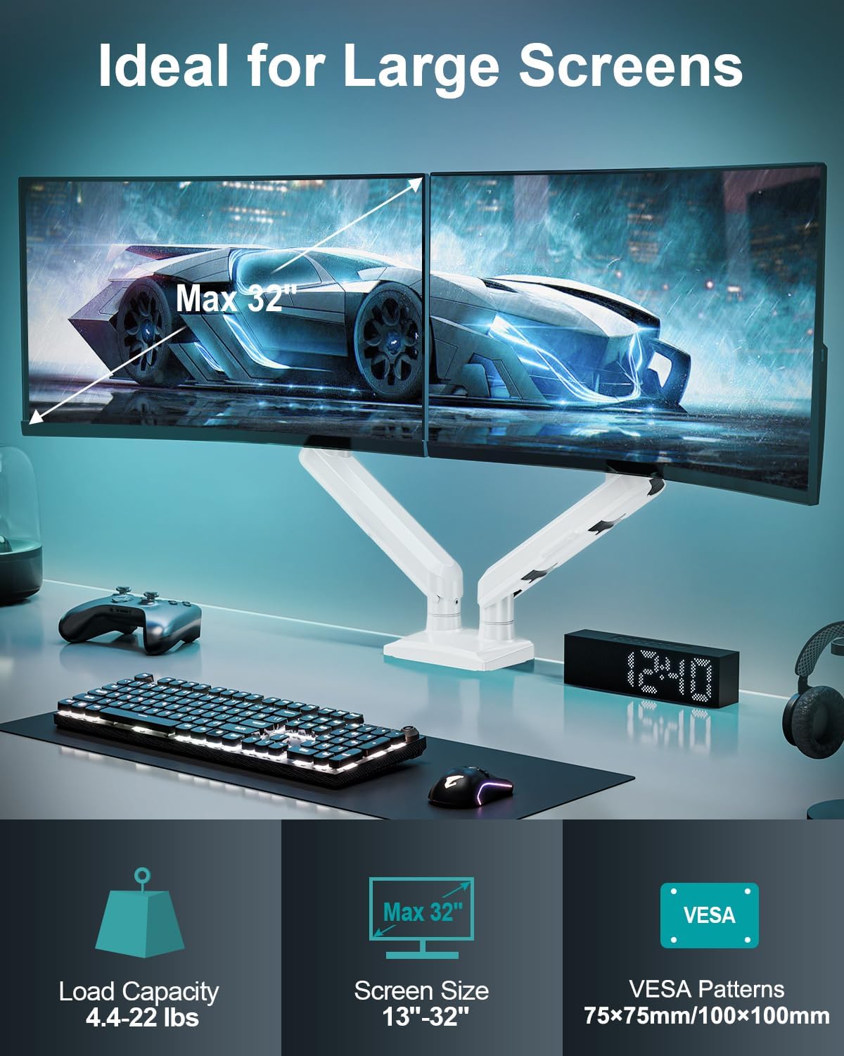 Dual Monitor Desk Mount, 13-32 inch Adjustable Gas Spring Monitor Arm, Computer Display Stand Holder with Clamp and Grommet Base, Fits 4.4 to 22lbs Screens, VESA Mount Bracket, White, Freelift Pro