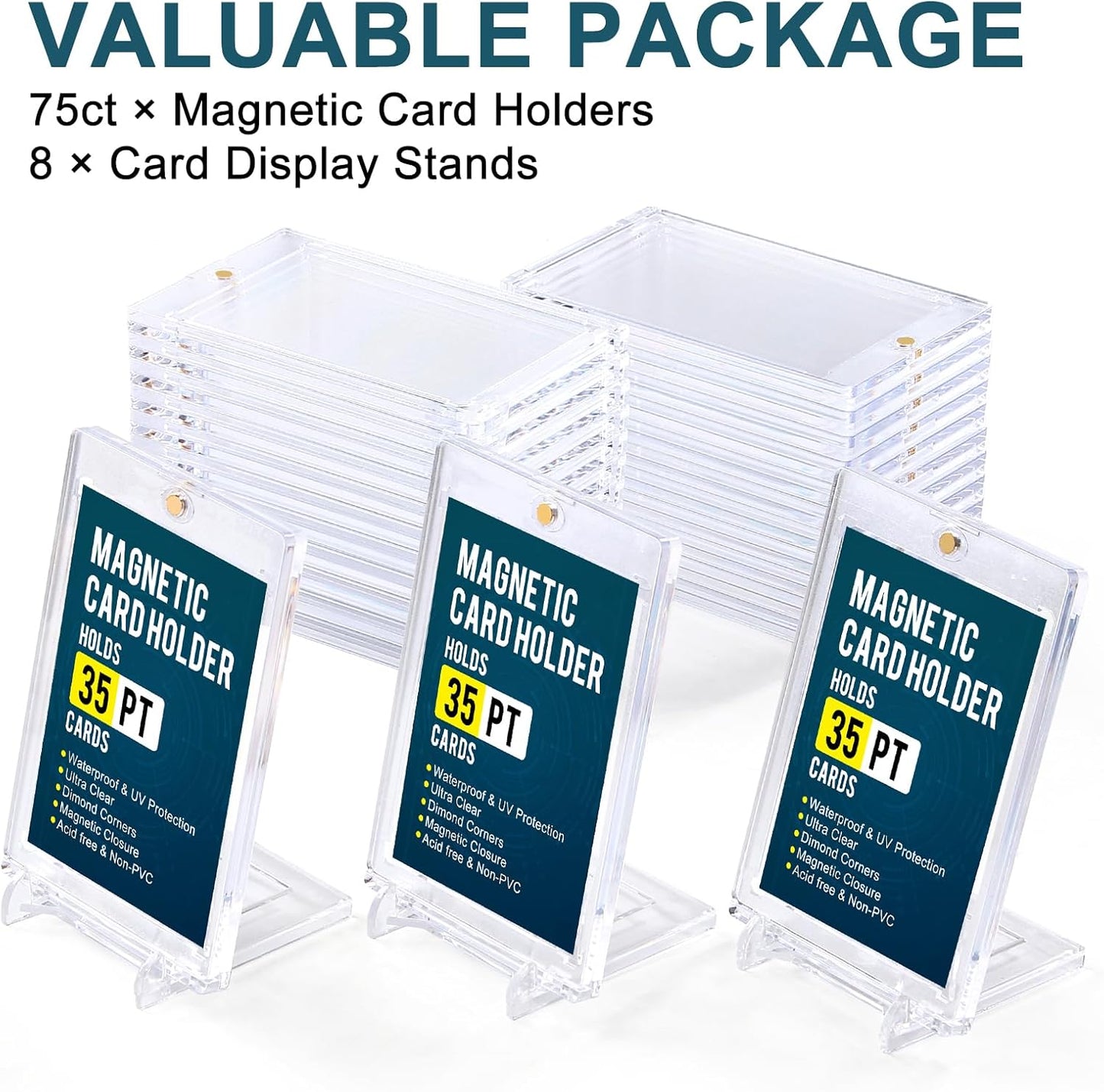 GEAoffice 75pc Magnetic Card Holder for Trading Cards, 35pt UV Protection One Card Holder Touch with Display Stands, Ultra Clear Baseball Card Holder for MTG, Sports, Standard Cards