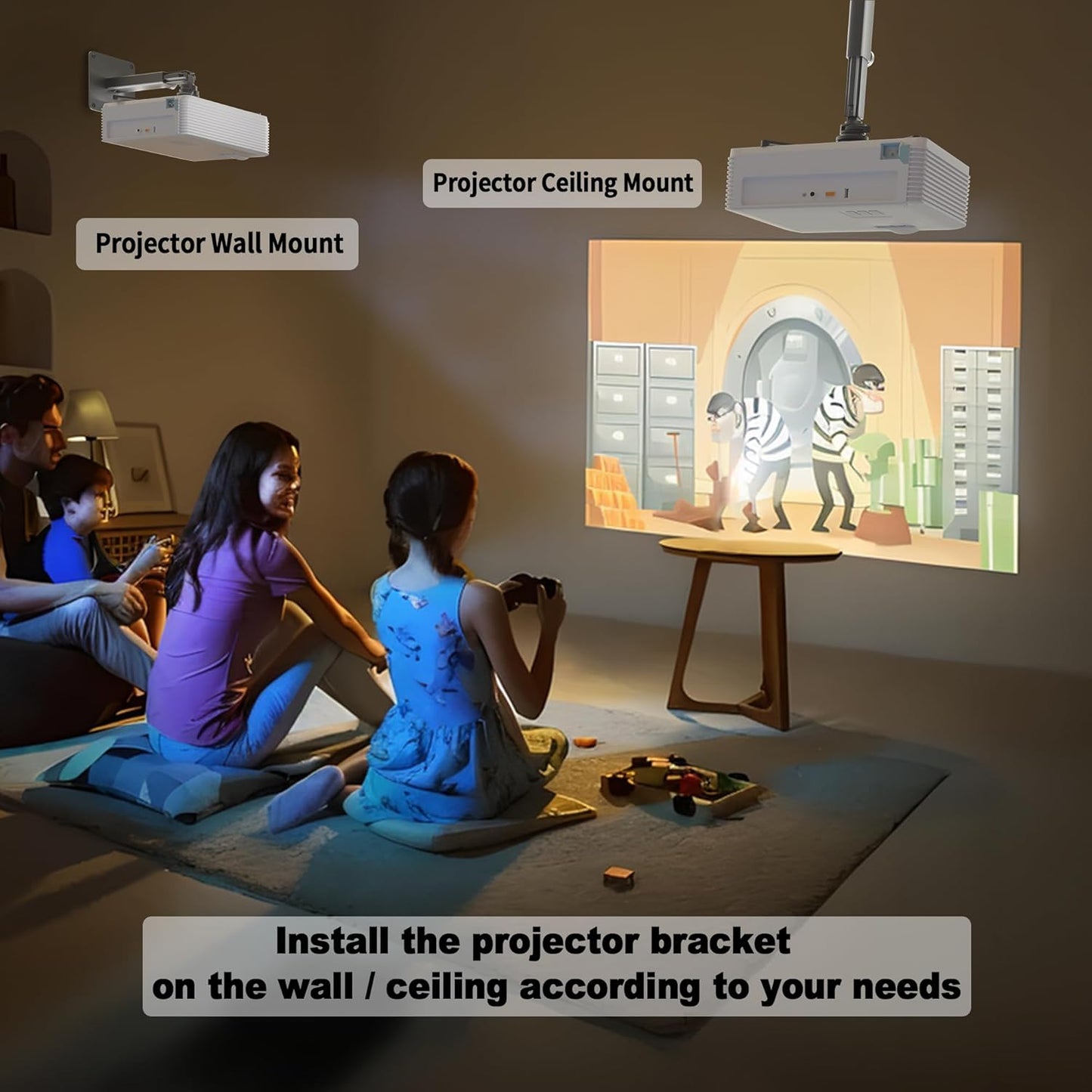 Projector Mount Wall with Multi-Hole Design, Adjustable Universal Projector Ceiling Mount for Home Theater, Office, Classroom, Heavy Duty Aluminum Projector Stand, Load 55 lbs - Black