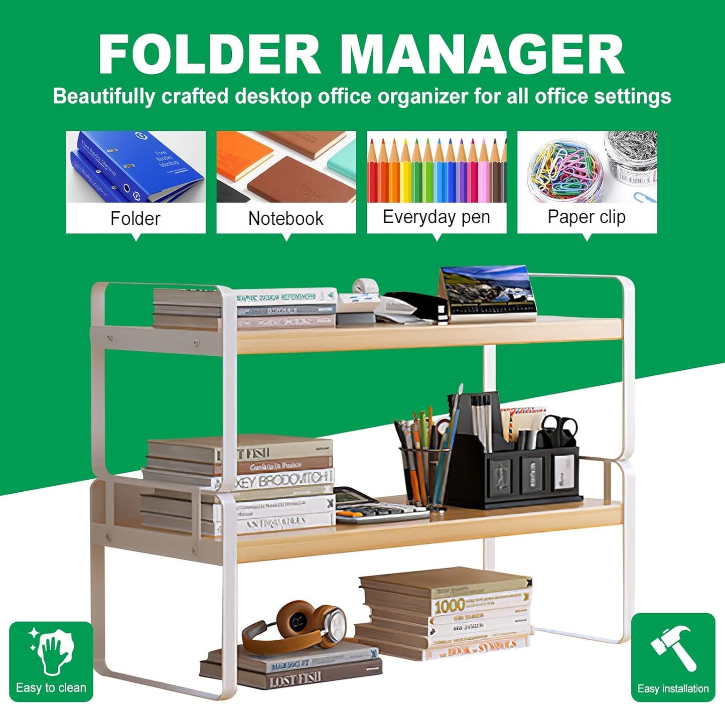 YGYQZ Wood Office Desk Shelf Organizer - Desktop Supplies Cute Dresser Top Organization Storage Rack and Cubicle Decor Aesthetic Bookshelf for Women Man and Kids (White-Two Tier)