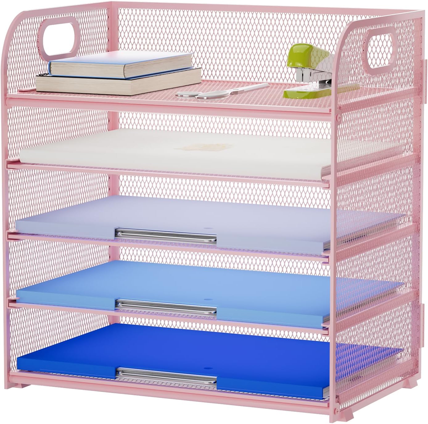Marbrasse Paper Organizer Letter Tray, 5 Tier Mesh File Organizer with Handle, Paper Sorter Desk Organizer for Home Office Supplies - Pink